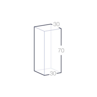 Schéma d'un bloc de verre rectangulaire transparent avec des dimensions marquées : 30 mm de largeur et de profondeur, et 70 mm de hauteur.