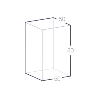 Illustration d'un bloc rectangulaire en verre transparent avec ses dimensions indiquées : 50mm de largeur, 80mm de hauteur et 50mm de profondeur.