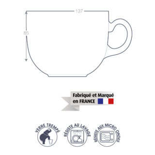 Schéma des dimensions du Bol Jumbo en Verre de 50 cl, avec annotations sur les caractéristiques et les certifications.