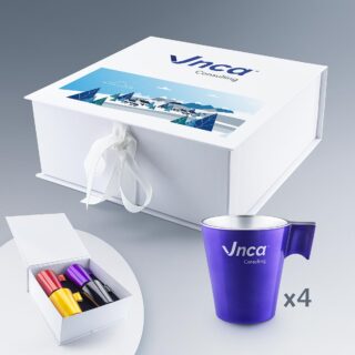 Coffret 4 Tasses Personnalisé pour une Ville avec blason en couleur.