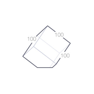 Dessin schématique d'un cube en verre avec des pans coupés, affichant les dimensions de 100 millimètres sur chaque axe.