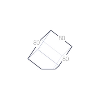 Schéma d'un cube en verre à pan coupé avec des dimensions notées, indiquant une taille uniforme de 80 mm sur chaque côté.