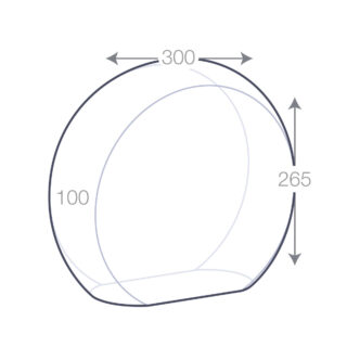 Schéma des dimensions du Grand Trophée Rond en Verre, montrant une largeur de 300 mm, une hauteur de 265 mm, et une profondeur de 100 mm.