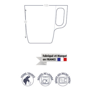 Schéma des dimensions du mug en verre de 25 cl, avec des icônes indiquant qu'il est fabriqué en France, résistant au lavage et au micro-ondes, et en verre trempé.