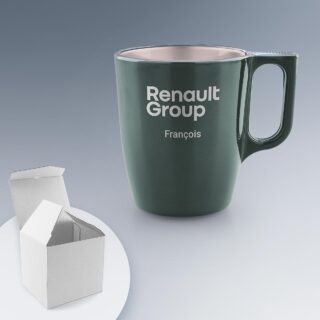 Mug personnalisé couleur Vert de 25 cl avec prénom François et logo, placé à côté d'une boîte en carton sur un fond neutre.