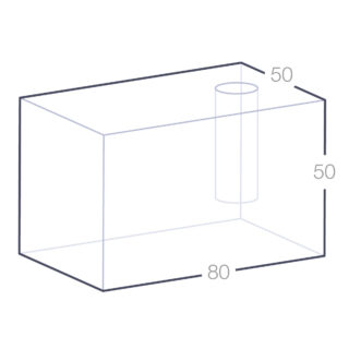 Schéma illustrant les dimensions d'un porte-stylo en verre, montrant une base rectangulaire avec un trou cylindrique pour accueillir le stylo.