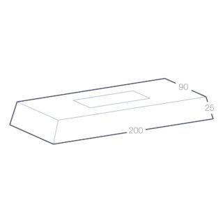 Socle lumineux rectangulaire, dimensions 200 mm de longueur, 90 mm de largeur, et 25 mm de hauteur.