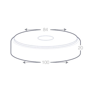 Socle lumineux rond, dimensions 100 mm de diamètre à la base, 84 mm de diamètre en haut, et 20 mm de hauteur.