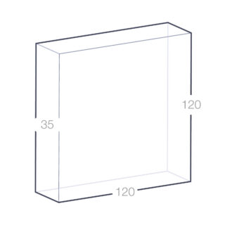 Illustration technique d'un bloc de verre rectangulaire avec annotations des dimensions : 120 mm de hauteur et de largeur, 35 mm d'épaisseur.