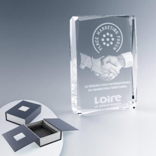 Trophée Facette en verre vertical avec gravure laser 3D personnalisée et coffret rigide de présentation.