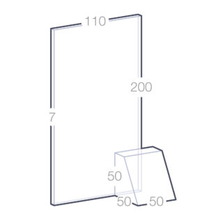 Schéma des dimensions du Trophée Podium en Verre, montrant une hauteur de 200 mm, une largeur de 110 mm, une épaisseur de 7 mm, et une base mesurant 50 mm de chaque côté.