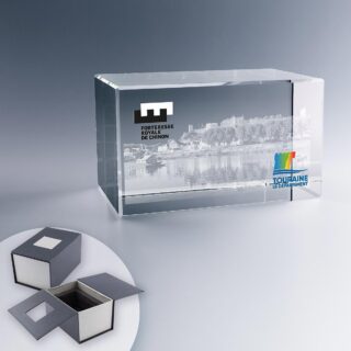 Trophée Rectangulaire en Verre 12 cm Format Horizontal avec Gravure Laser 3D de Paysage et Logo du Département en Couleur