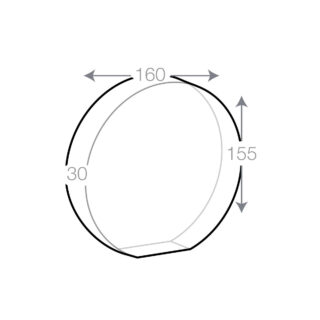 Dessin technique d'un trophée rond en verre avec dimensions annotées : largeur de 160 mm, hauteur de 155 mm et épaisseur de 30 mm.