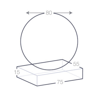 Schéma des dimensions d'un trophée sphérique sur socle en verre avec des mesures spécifiques.