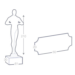 Trophée statuette Oscar personnalisable, dimensions 210 mm de hauteur, base de 61 mm x 30 mm, plaque de 50 mm x 20 mm.