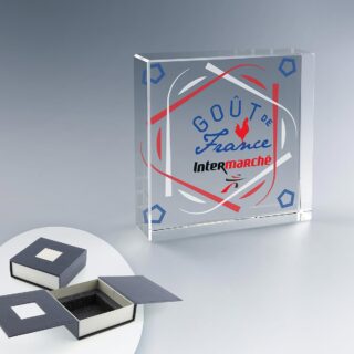 Trophée carré en verre avec impression numérique couleur personnalisée et coffret rigide de présentation.