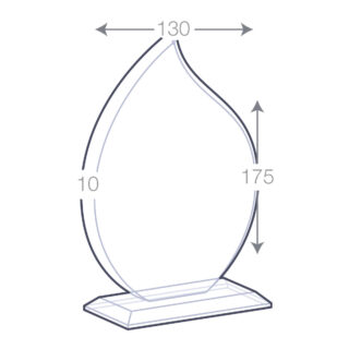 Schéma des dimensions d'un trophée en forme de flamme avec des mesures spécifiques.