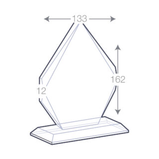 Schéma technique d'un trophée en verre en forme d'iceberg, avec indications des dimensions : 162 mm de hauteur, 133 mm de largeur et 12 mm d'épaisseur de la base.