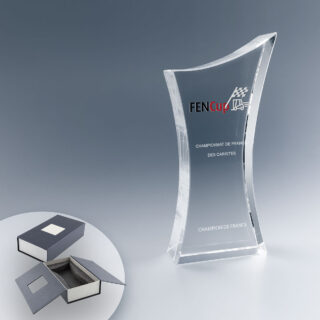 Trophée Élégance en verre associant gravure laser 2D et marquage numérique couleur