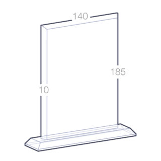 Image schématique affichant les dimensions d'un trophée rectangle en verre avec socle, avec des mesures de 140 mm de largeur, 185 mm de hauteur et 10 mm d'épaisseur.