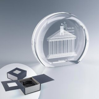 Trophée rond demi-lune en verre avec gravure laser personnalisée et coffret de protection haut de gamme.