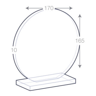 Schéma d'un trophée rond en verre avec les dimensions indiquées : largeur de 170 mm, hauteur de 165 mm, et épaisseur de 10 mm.