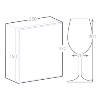 Schéma des dimensions du coffret VC2 et des deux verres à vin en cristal