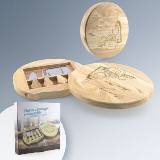 Plateau à Fromages en bois personnalisé avec 4 couverts, gravure laser du logo, idéal comme cadeau d'affaires.