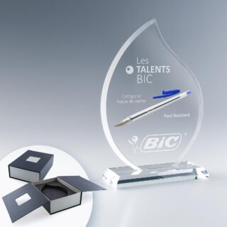 Trophée Flamme en verre avec logo et texte personnalisés, accompagné de son écrin.