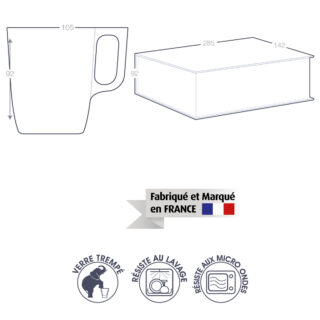 Schéma technique du coffret duo de mugs en verre de 25 cl, avec dimensions et caractéristiques.