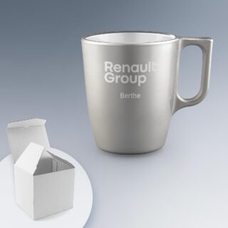 Mug Verre Personnalisé 25 cl en argent effet métallisé avec gravure laser de logo.