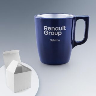 Mug Verre Personnalisé 25 cl en bleu pétrole effet métallisé avec gravure laser de logo.