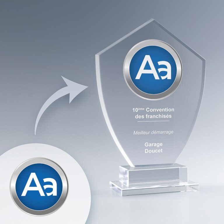 Devis et Maquette Offerts de trophée personnalisable avec logo en impression numérique couleur, exemple pour la 10ème Convention des franchisés, catégorie 'Meilleur démarrage'.
