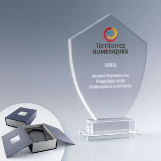 Trophée en verre Emblème à personnaliser avec gravure laser et impression numérique couleur