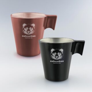 Tasses expresso personnalisées en verre, coloris noir et terracotta, avec logo gravé.