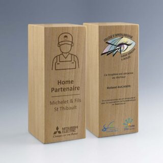 Trophée en bois avec gravure laser et logos d’entreprises personnalisés.