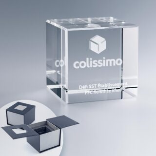 Cube en verre personnalisé avec gravure 3D et texte.