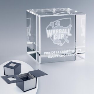 Cube en verre personnalisé avec gravure 3D et texte "Prix de la Compétitivité".