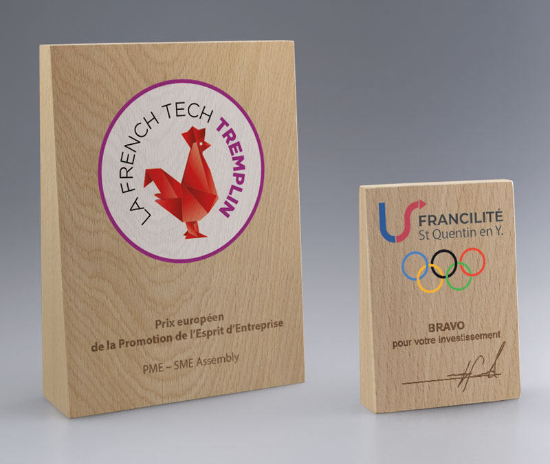 Deux trophées en bois personnalisés avec des logos en couleur et gravures textuelles.