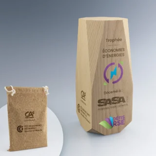 Trophée Bois Facetté Ruby avec logos personnalisés par gravure laser et marquage couleur, livré avec un sac en liège.