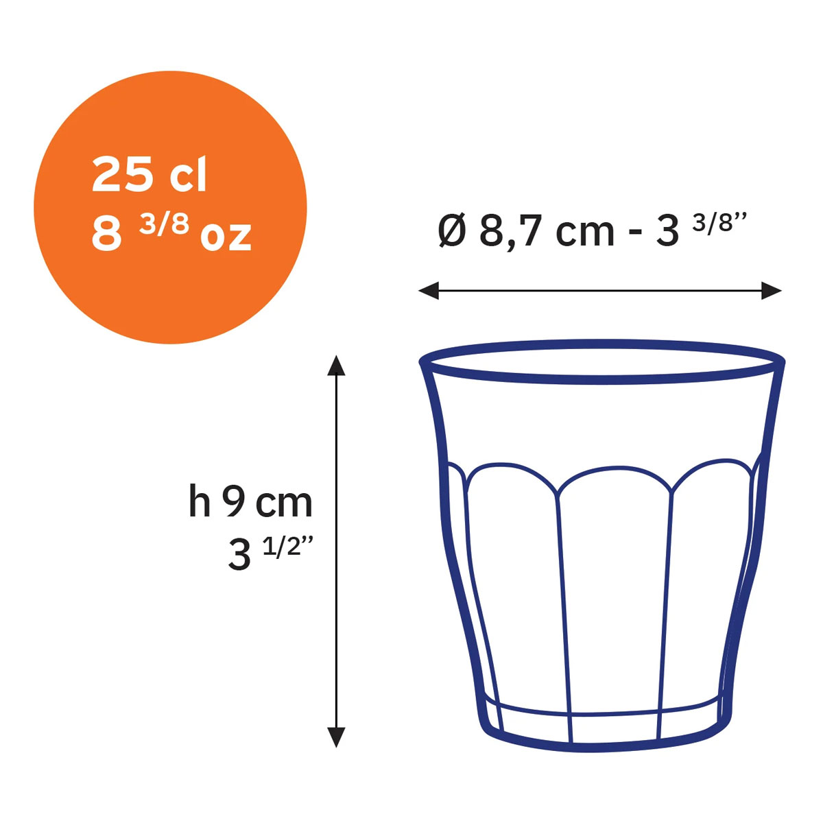 Plan technique du verre Duralex Picardie 25 cl indiquant la hauteur et le diamètre en cm.