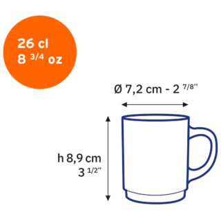 Dimensions techniques du mug Duralex Versailles 26 cl pour marquage professionnel.