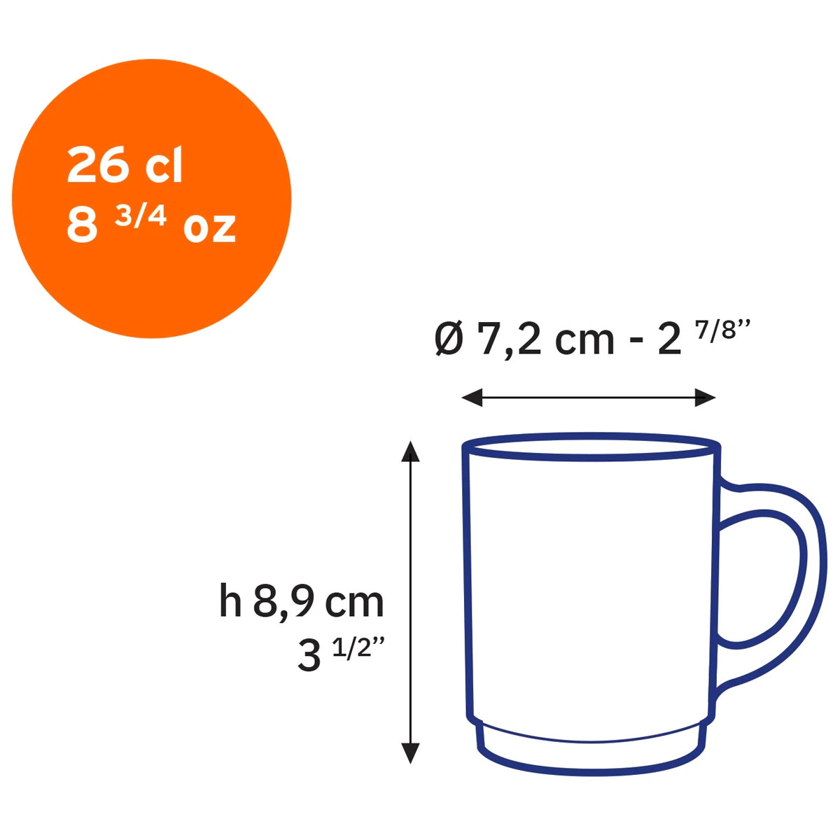 Dimensions techniques du mug Duralex Versailles 26 cl pour marquage professionnel.