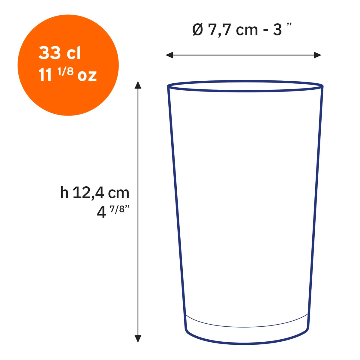Dessin technique du verre à bière uni Duralex 33 cl avec cotes en centimètres.