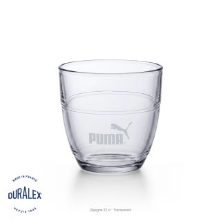 Verre Gigogne Duralex transparent de 22 cl avec un logo d’entreprise gravé sur la partie inférieure.