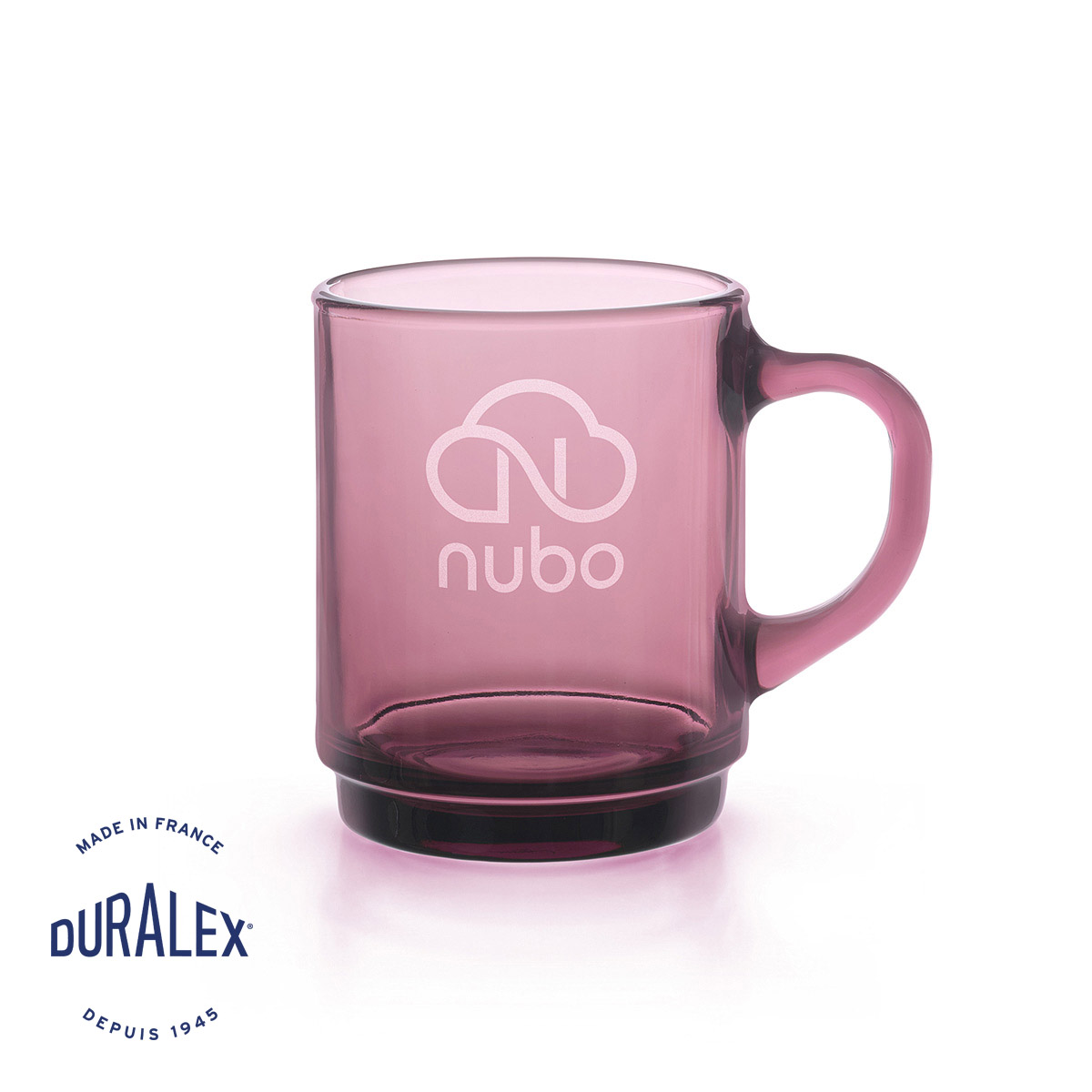 Tasse couleur prune Duralex Versailles 26 cl avec gravure laser pour merchandising et événementiel.
