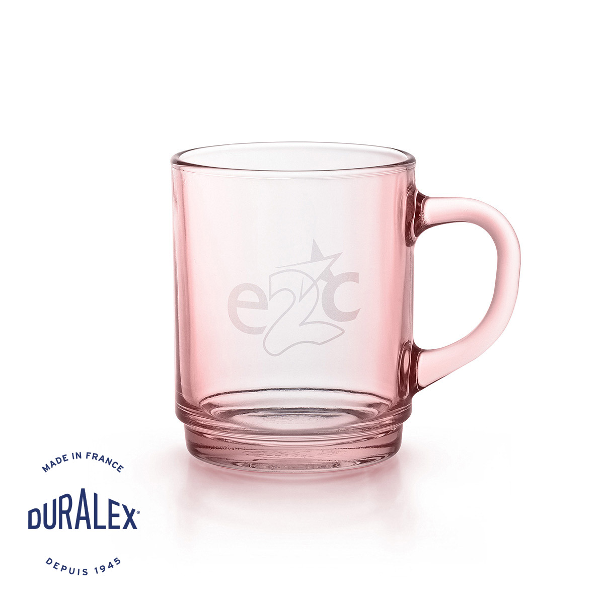 Mug en verre rose Duralex Versailles 26 cl avec personnalisation au laser pour communication d'entreprise.