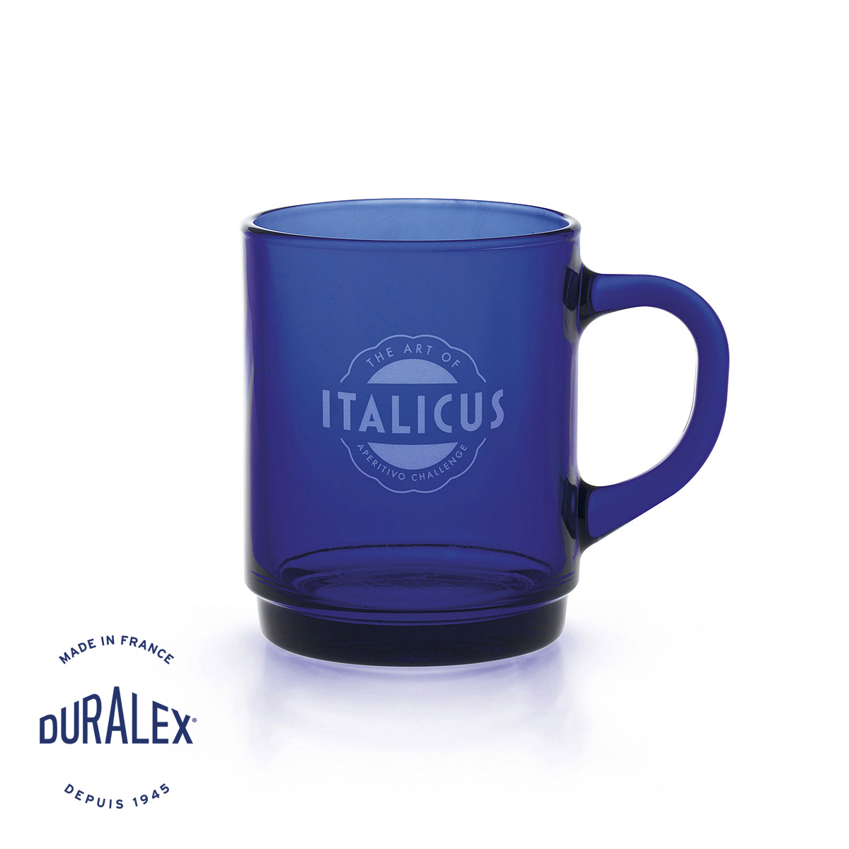 Tasse bleu saphir Duralex Versailles 26 cl avec gravure laser sur mesure pour agences de communication.