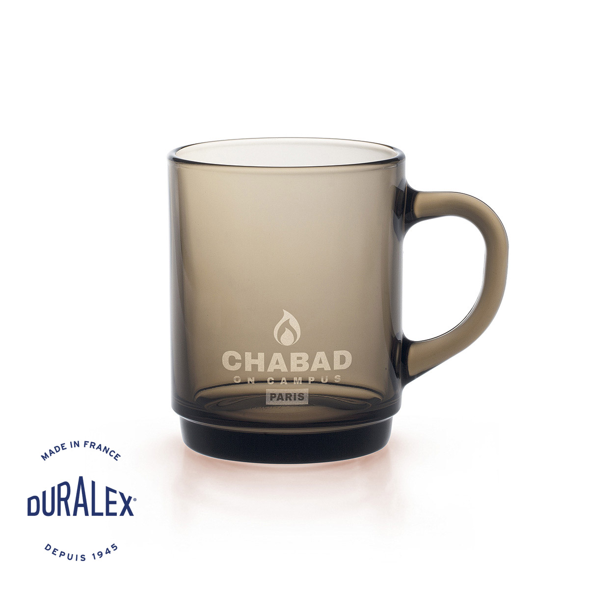 Mug fumé Duralex Versailles 26 cl sépia personnalisé avec gravure laser pour le secteur de la restauration.