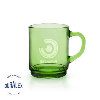Tasse en verre vert Duralex Versailles 26 cl avec gravure laser précise pour cadeaux d'affaires.